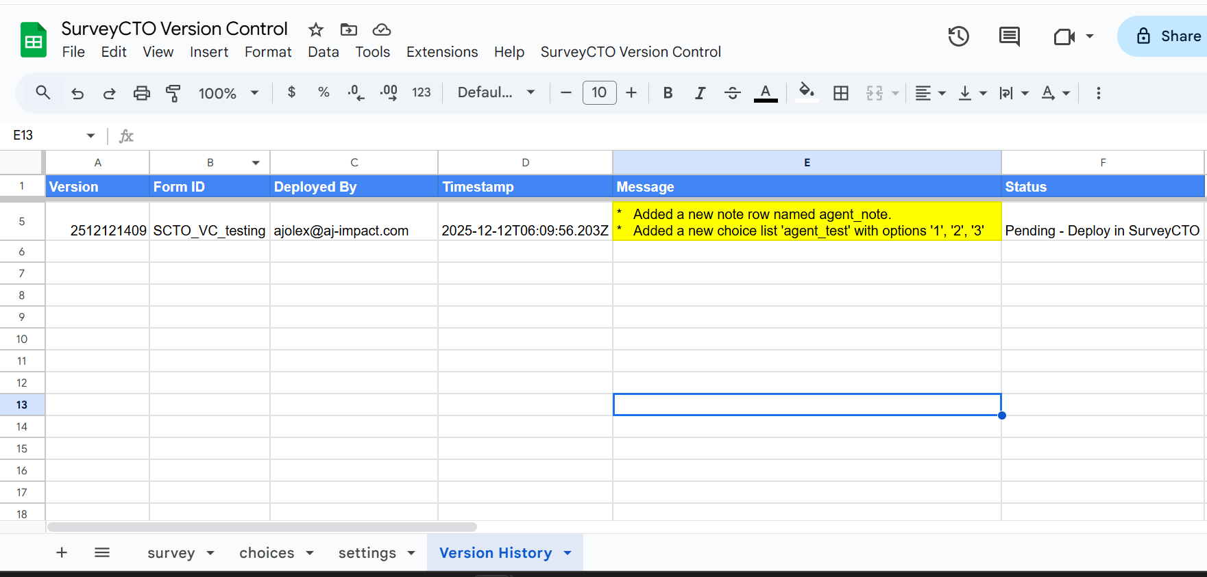 Version History sheet tracking all deployments